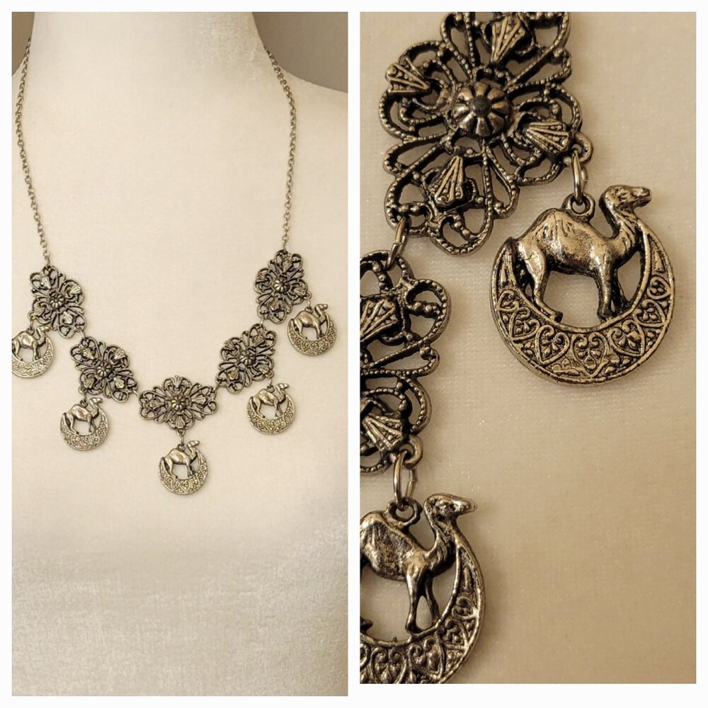 VTG Camel Crescent Moon Pendant Necklace Ornate Metalwork Boho Statement Piece